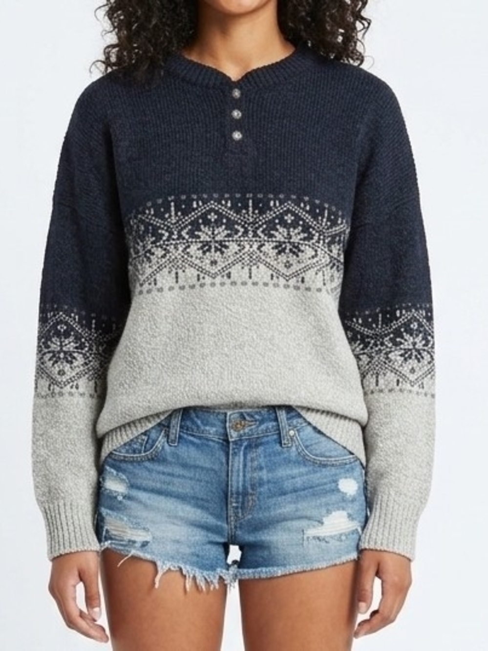 Vintage Two-Tone Fair Isle Pullover Henley Sweater In Navy/Light Gray - XL
